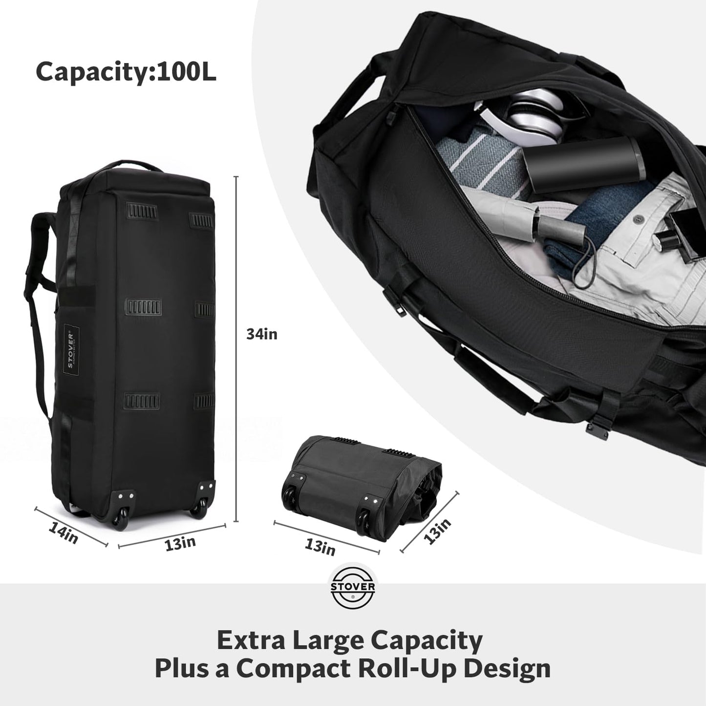 STOVER 45/80/100L Rolling Duffel Bag with Wheels, X-Large Durable Travel Duffle + Toiletry Bag, Heavy Duty, Packable with Shoulder Straps- Use as Luggage or Backpack, Men/Women (Black)