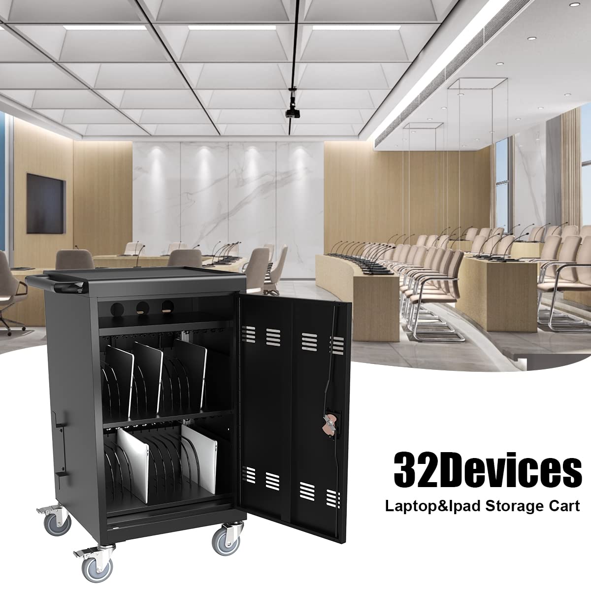 30 Device Mobile Charging Cart, Laptop Charging Cabinet, Mobile Cart, Locking Front and Rear Doors, Surge Protection, Easy Cable Management, Screen Size Up to 16.3 Inch for Classroom, Office Black