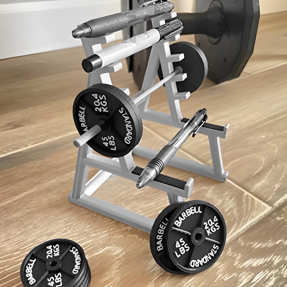 EKDJKK Squat Rack Pen Holder, Modern A-Frame Style, Gray Plastic, Fun Desk Gym Decor with Weights & Barbells