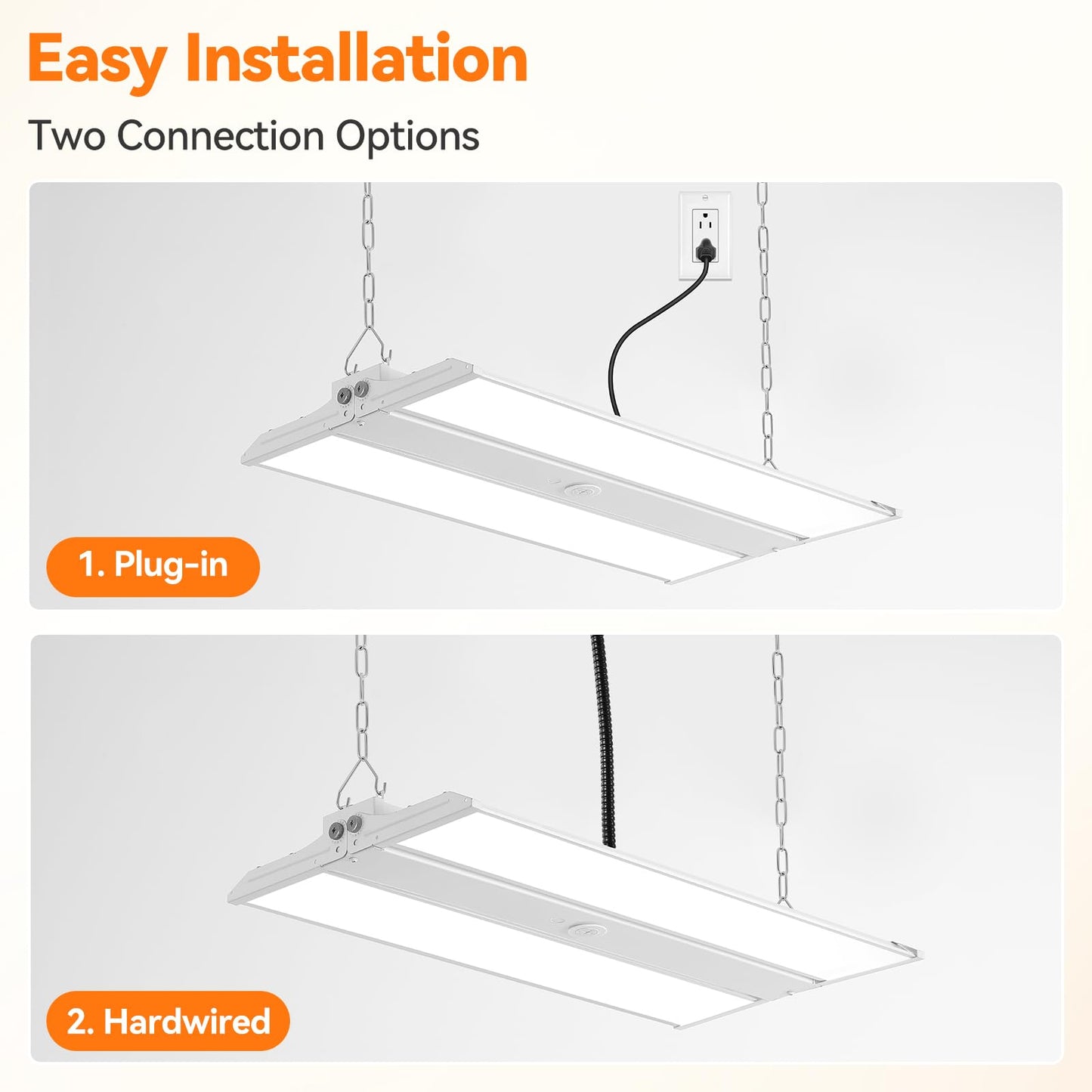 Comiled 2FT Linear High Bay Shop Lights, 200W/150W/100W & 6000K-5000K-4000K Selectable, 30000lm, 0-10V dimmable, 100-277V, Adjustable Tilt Hanging Light Fixture for Warehouse, Workshop, ETL, 2-Pack