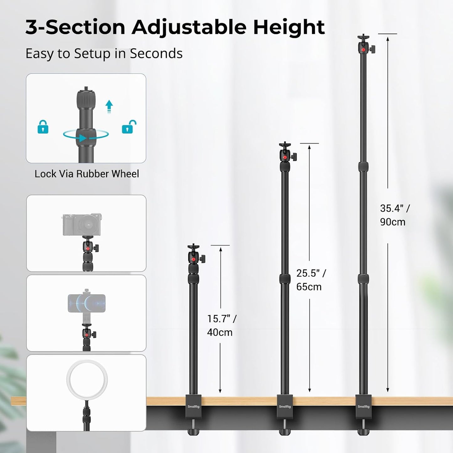 SMALLRIG 15"-35" Camera Desk Mount C Stand, Adjustable Desk Tripod Light Stand, Tabletop C Clamp for Webcam, DSLR