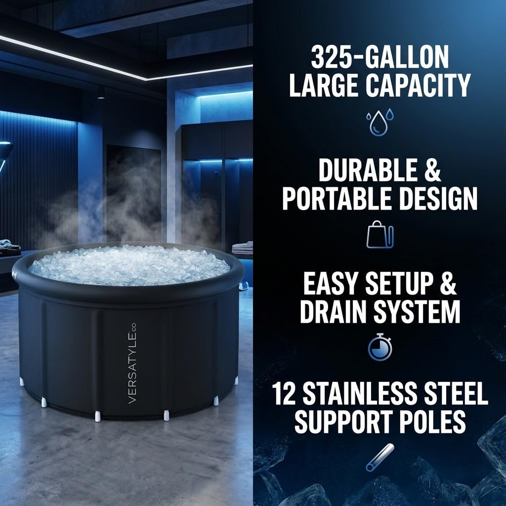 Versatyle 325-Gallon XXL Ice Bath Tub – Large Cold Plunge for Adults with Stainless Steel Frame, Insulated Walls, Cover, Pump and Carry Bag – Portable Recovery Pool – Fits Up to 4 People