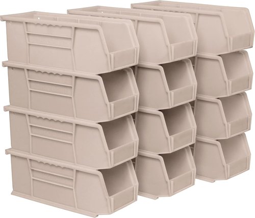 Akro-Mils Plastic Storage Bins - Space-Saving Stackable Organizers for Garage & Pantry | 11" L x 4" W x 4" H, Stone, 12-Pack