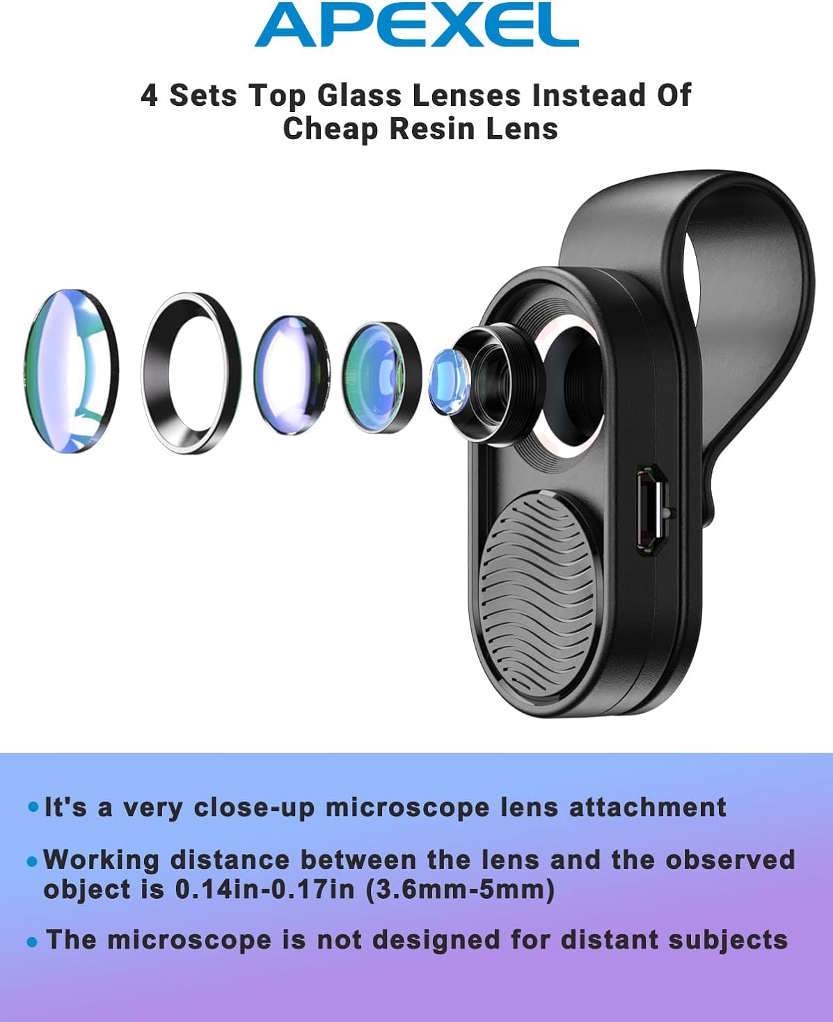 APEXEL 100x Nano Zoom Phone Micro Lens with LED Light for Smartphone - Pocket Microscope & Camera Lens Attachment