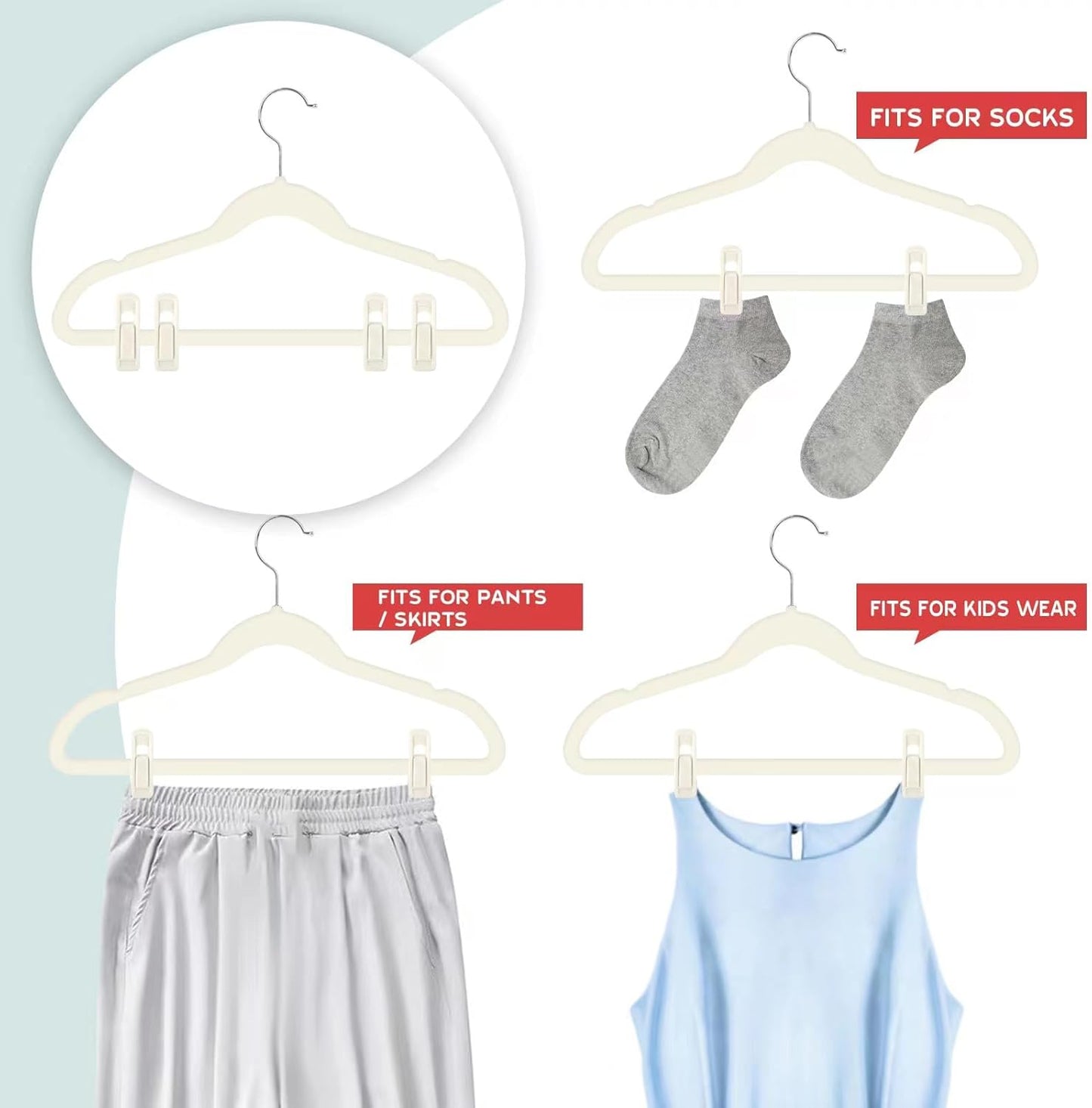 Tinfol Ivory Velvet Hanger Clips - 24 Pack Large Opening Clips for Slim-Line Clothes Hangers