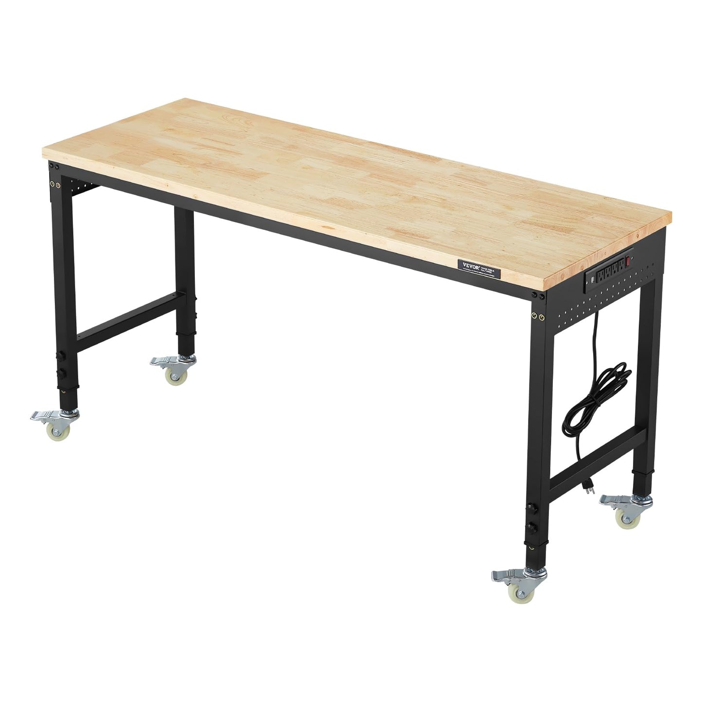 VEVOR Adjustable Workbench, 60 Inch Work Bench with Power Outlet, Wheels, and Pegboard, 2000 lbs Load Heavy Duty Oak Wood Top Work Table for Garage, Workshop, Office, and Home