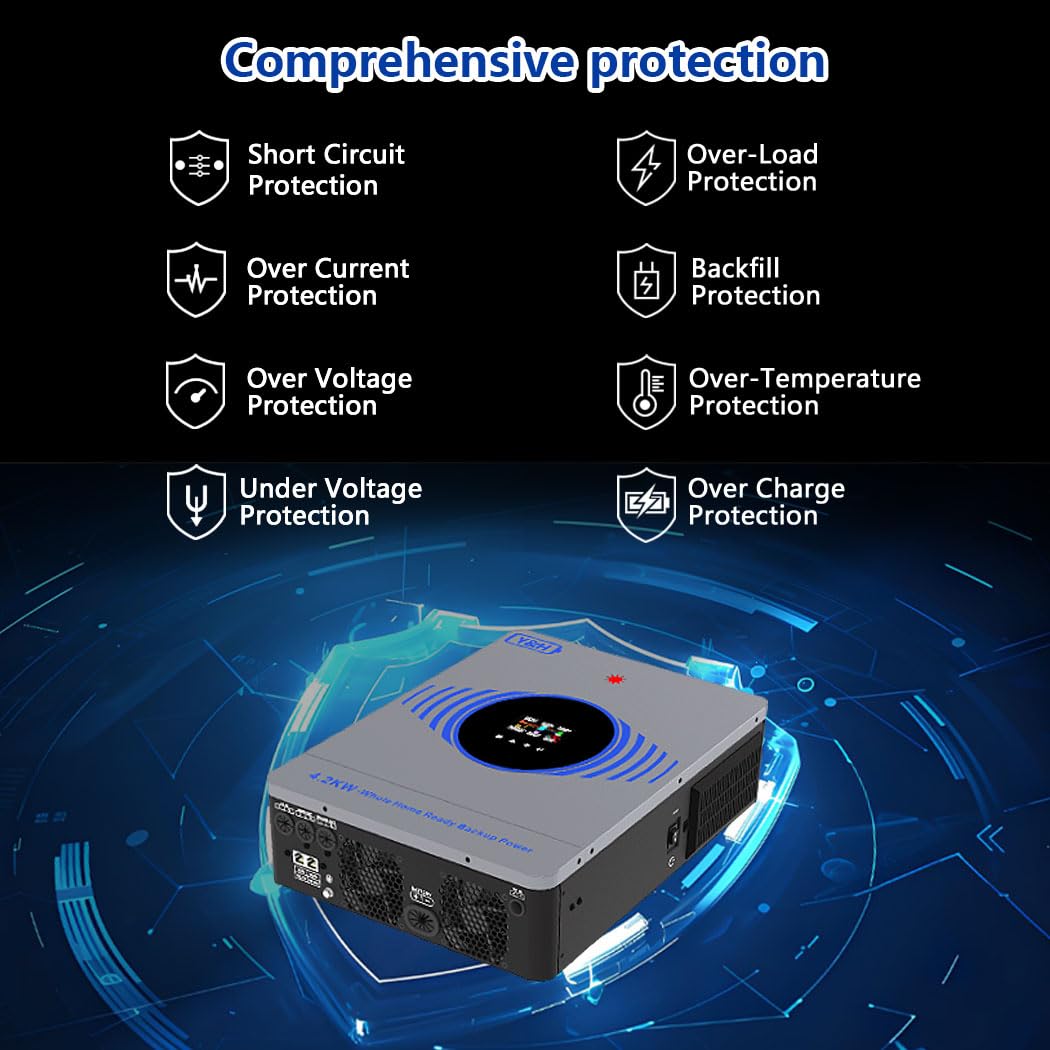 Y&H 4.2KW Hybrid Solar Inverter DC24V to AC220V, Built-in 120A MPPT, 6200W 27A PV Input, Batteryless Operation, Dual AC Load Output, Offline Firmware Upgrade,for Home On/Off Grid Energy Storage System
