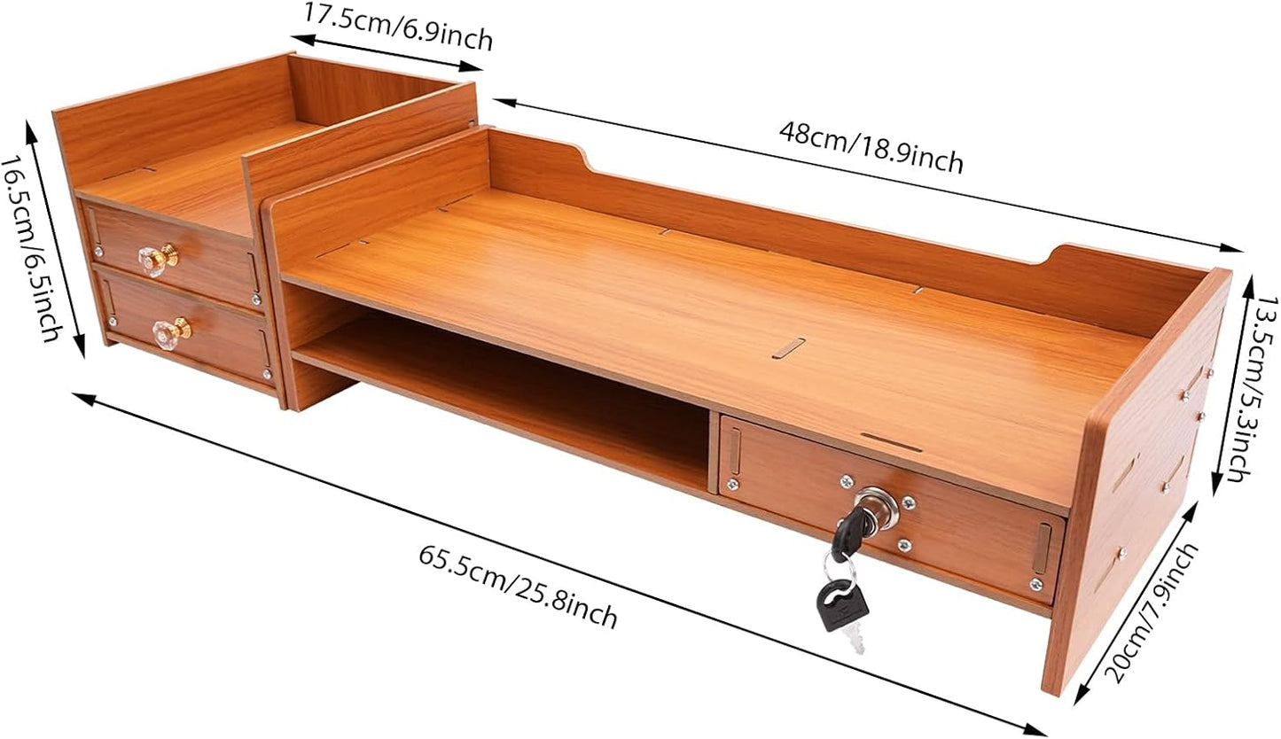 QUSKLISU (01) Computer Monitor Stand, Computer Rack with Drawers, Two top Platforms Desk Organizer Monitor Stand