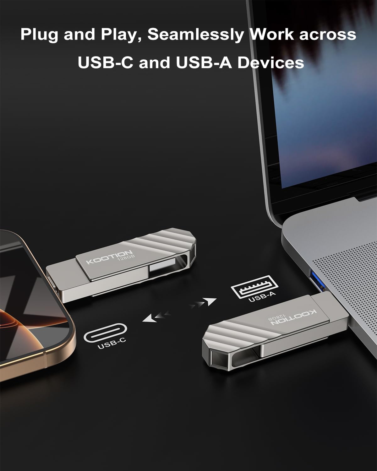 KOOTION 3.2 128GB, 450 USB Flash Drive Up to MB/S Read Speed USB C Memory Stick, Dual USB C Thumb Drive with USB Type-C