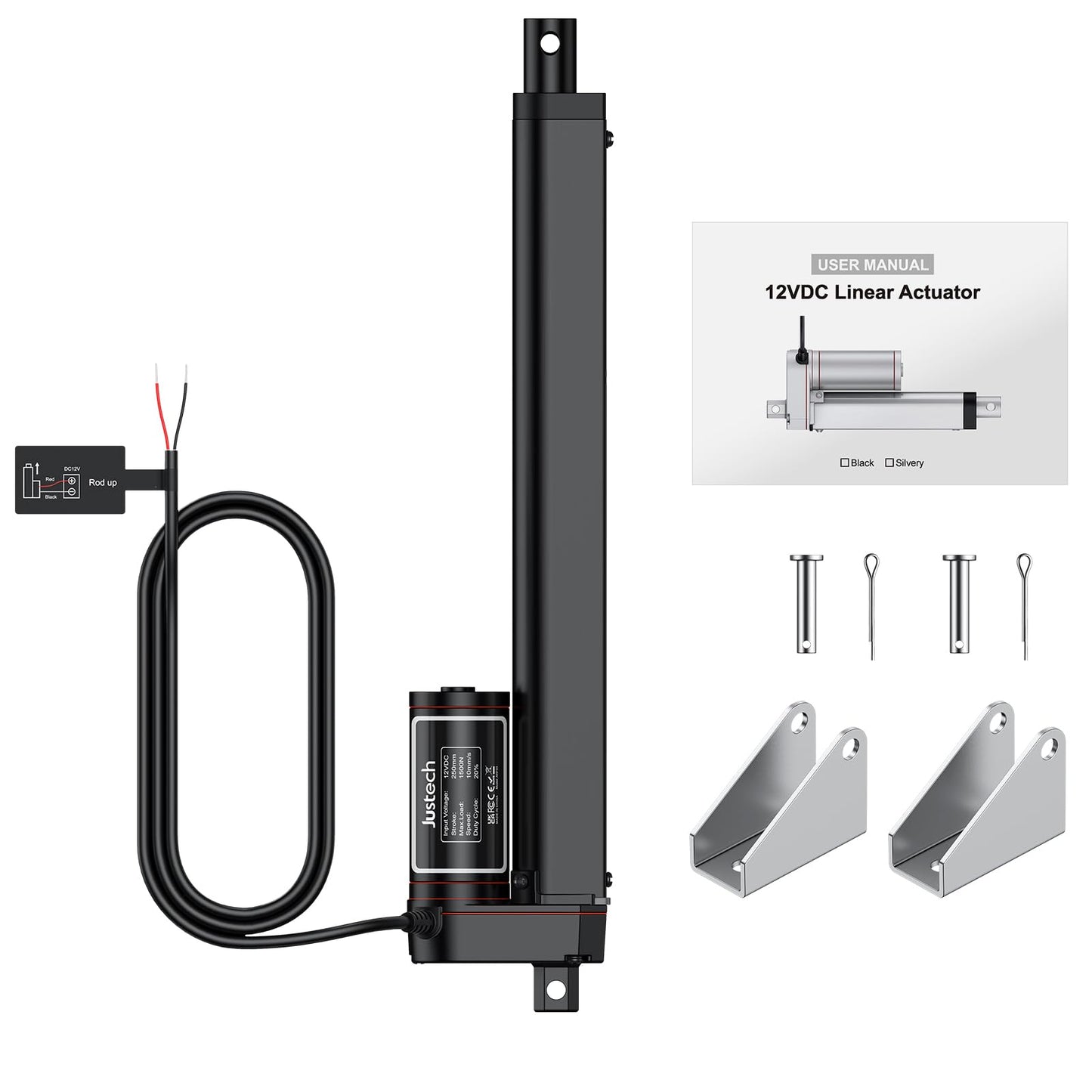 Justech 12V Heavy Duty Linear Actuator 10 inch/250mm 330lbs/1500N Silent IP65 Waterproof Electric Actuator with Brackets for Electric Windows, RV Adjustments, Solar Trackers, Industrial Machinery