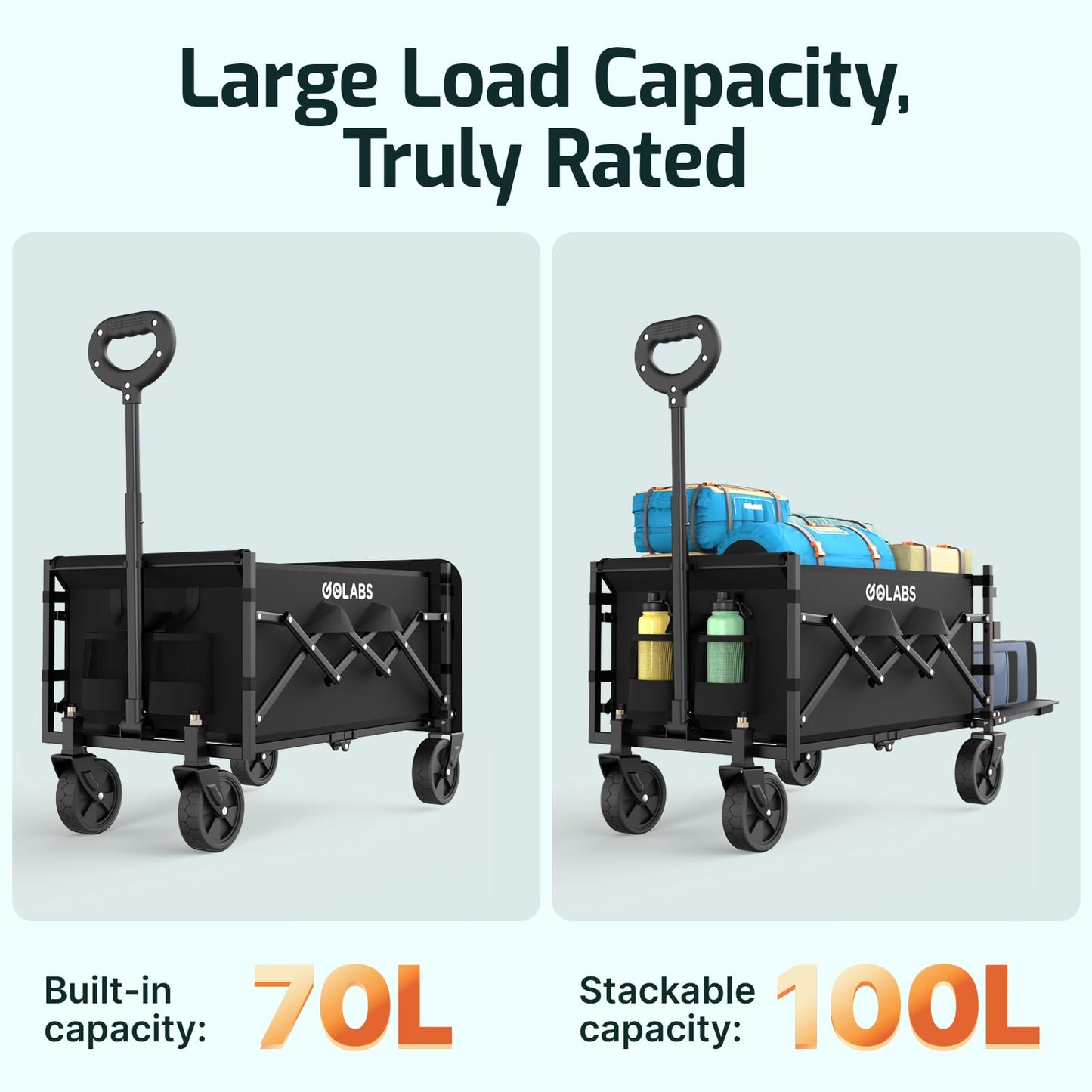 Golabs Collapsible Wagon Cart Max 350lb Load & Expandable Storage 100L, Double Bearing Design for Flexible Steering, Foldable Heavy Duty Garden Cart with 2 Cup Holders for Groceries, Garden & Camping