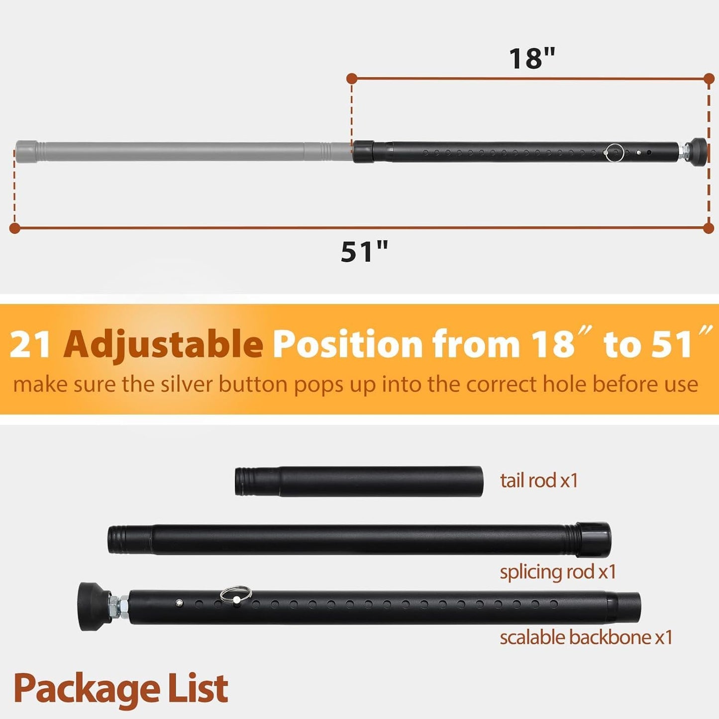 Sliding Door Security Bar 18"-51", Adjustable Sliding Door Lock Security Bar, Window Security Bars Inside for Sliding Glass Door Home Apartment Safety, Burglar Proof, Black, 2 Pack