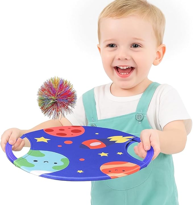 Fun Toss Across Game Toddlers Sensory Toys - Elastic & Soft Fabric Bouncy Paddle & Stringy Ball for Safe Play, Also Works as Flying Disc, Indoor Outdoor Birthday Party Beach Toys Park Backyard Games