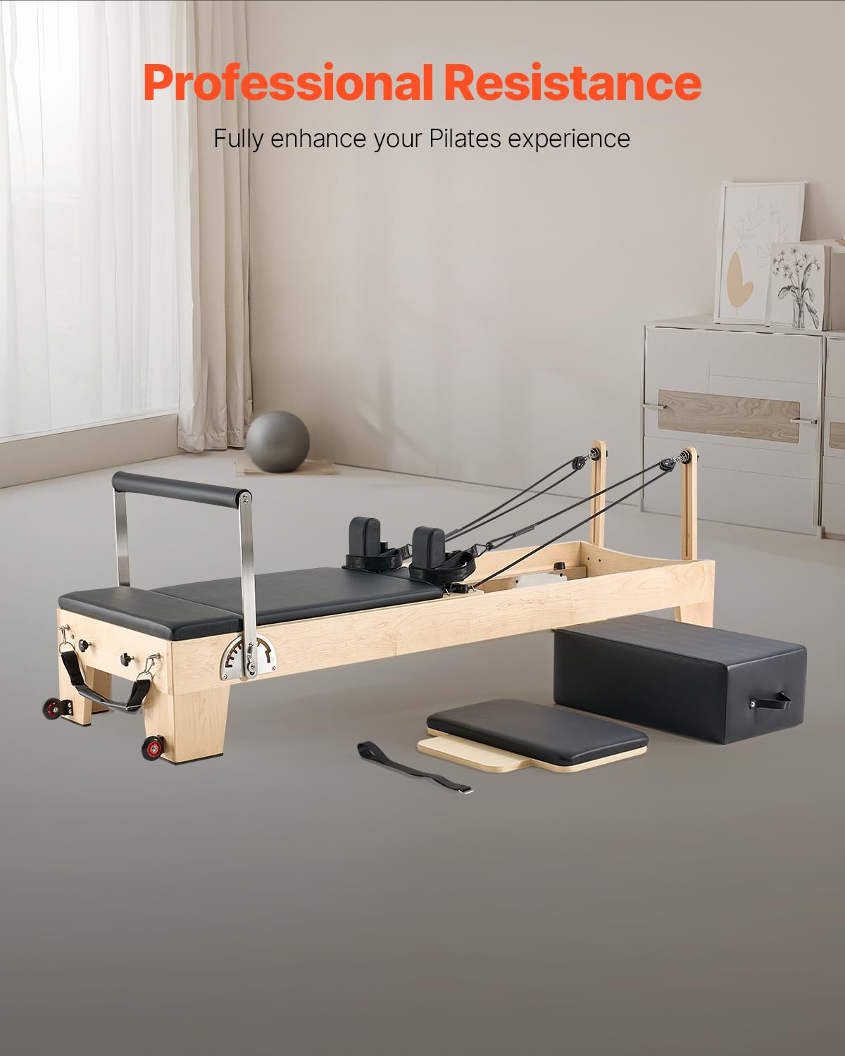 VEVOR Pilates Reformer Machine, Wooden Pilates Workout Equipment for Home Gym Studio Use, Pilates Bed with Dual Resistance- Spring & Cord, Reformer Set with Sitting Box, Up to 400 LBS