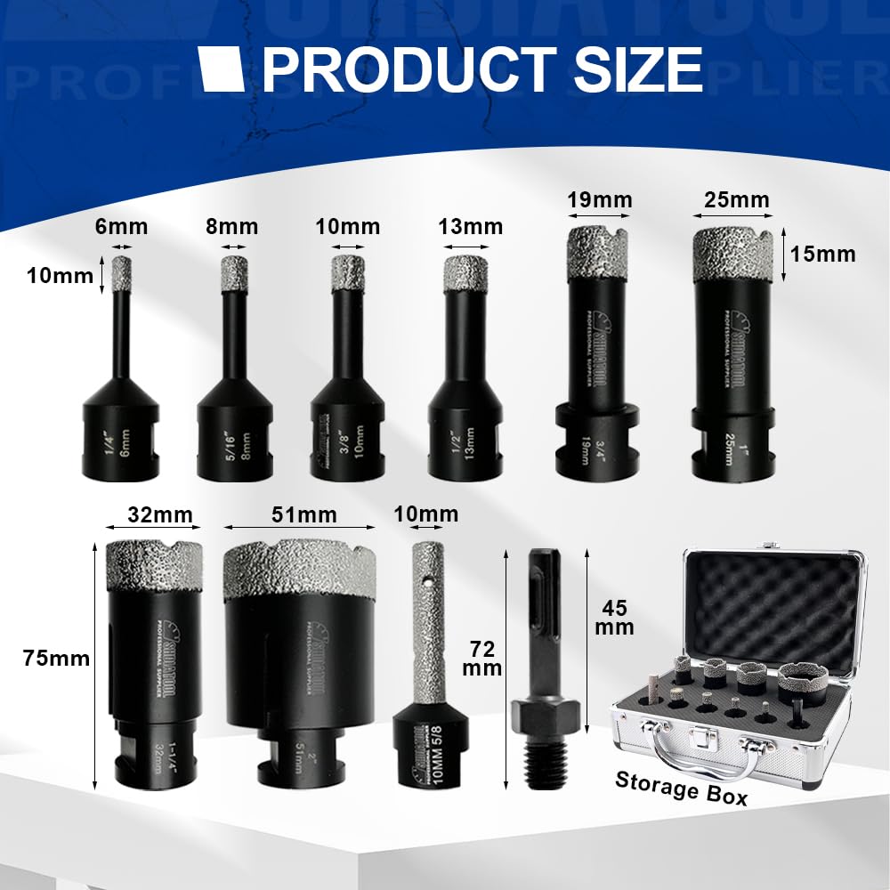 Diamond Core Drill Bits Set 10PCS - DARTOTEK Tile Hole Saw Kit (6/6/6/20/25/32/35/50mm/1 3/8"/6mm for Porcelain, Ceramic Tile, Granite, Marble, Masonry