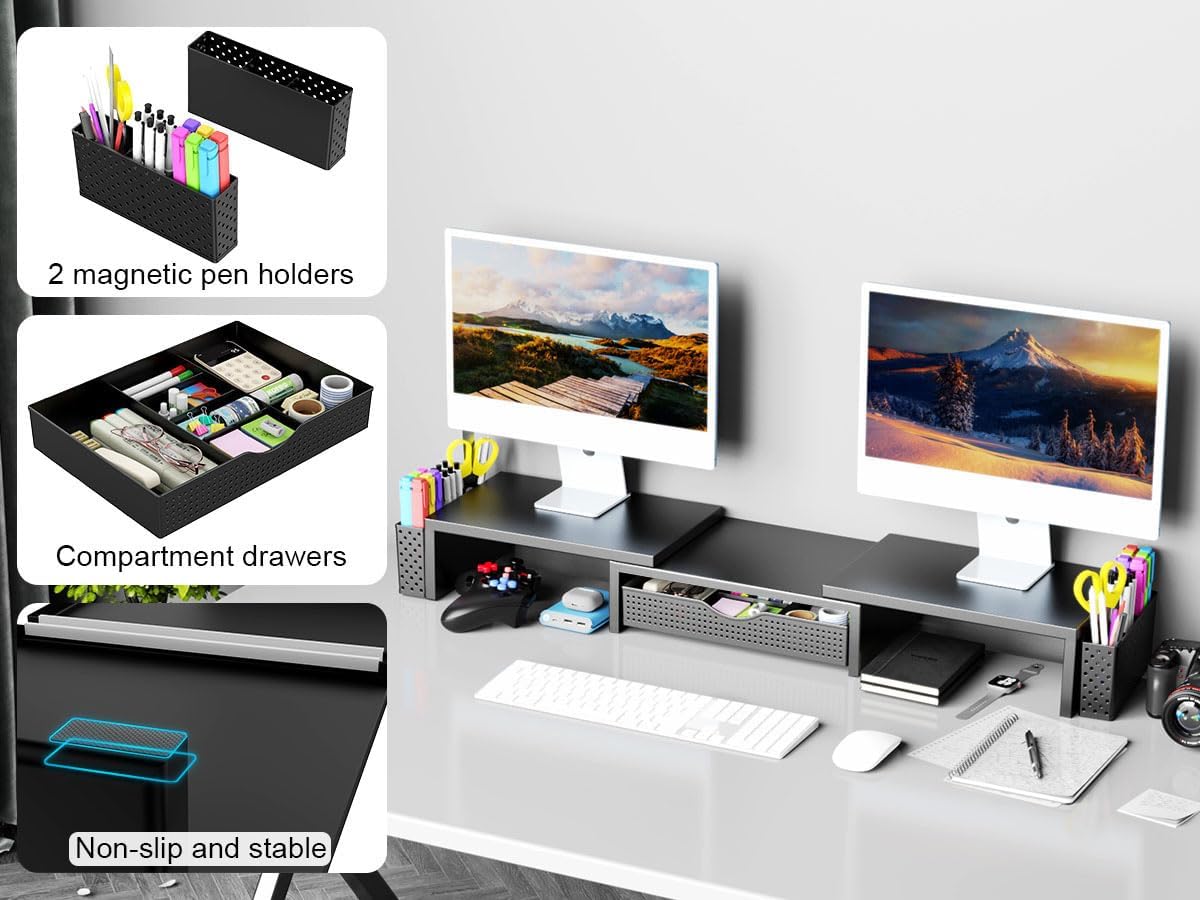 2 Spacrea Metal Desk Organizers and Accessories, Dual Monitor Stand Riser with Drawer and Pen Holders, Book Racks, Desk