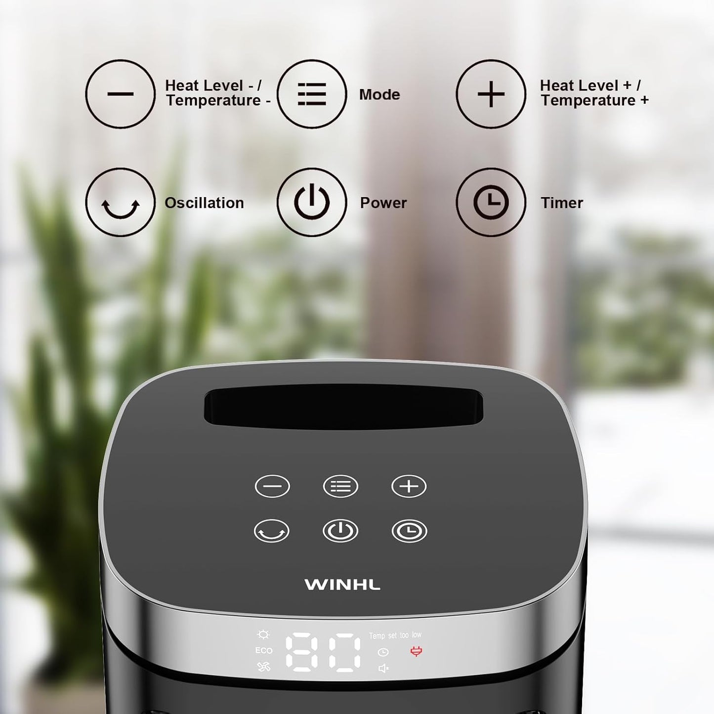 WINHL Electric Space Heater - 1500W PTC Ceramic with Thermostat, Remote & 70° Oscillation - 17 Inches for Home & Office
