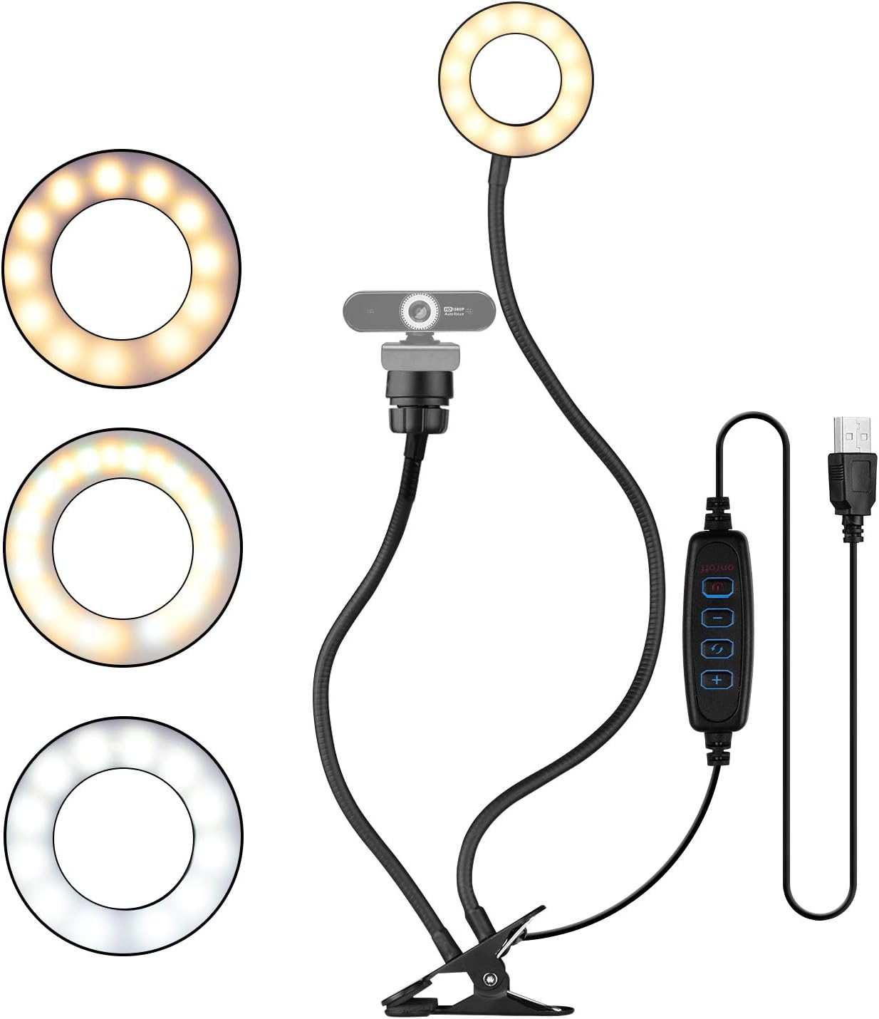 Andoer 3.5in 3 Webcam Light Stand Clip-On Mini USB Ring Light Lighting Modes Adjustable Flexible Arms Design with Phone