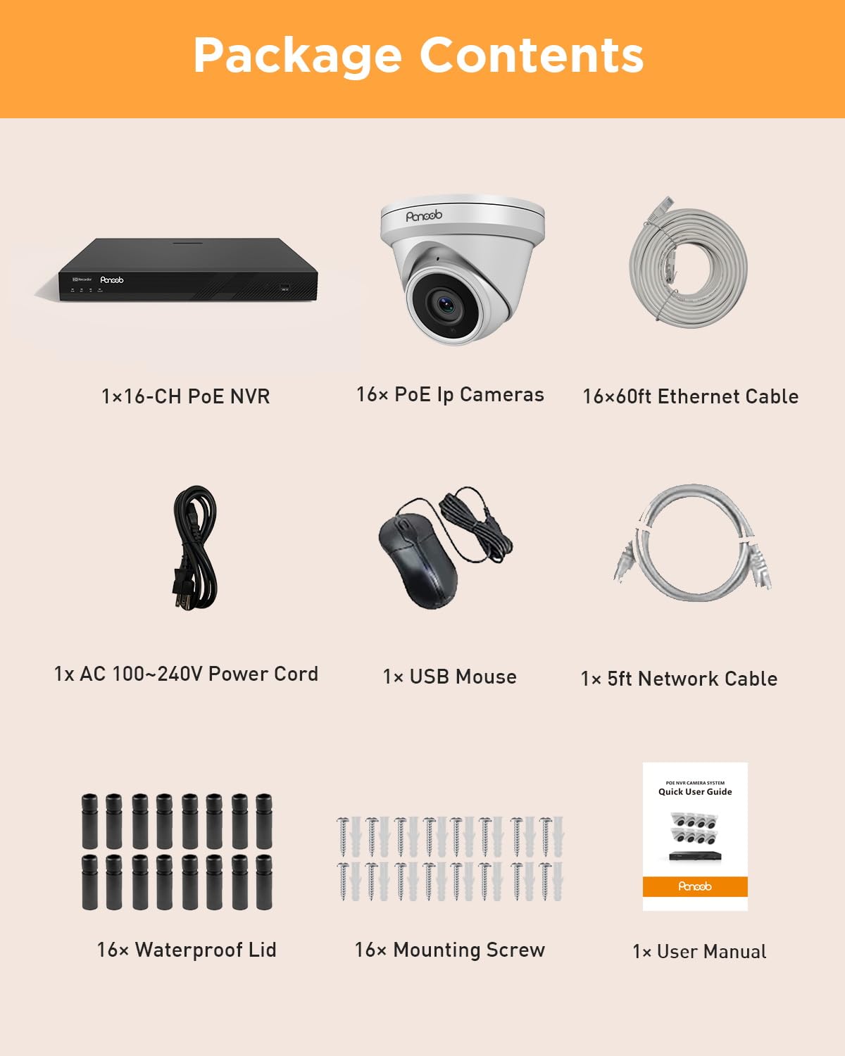 PANOOB 16 Channel Security Camera System, 16pcs 5MP Wired IP Turret Dome PoE Cameras Outdoor, AI Human Detection, Built-in Mic, Remote Access, 4K 16CH NVR 4TB HDD for 24-7 Recording, PD93A1616-5M