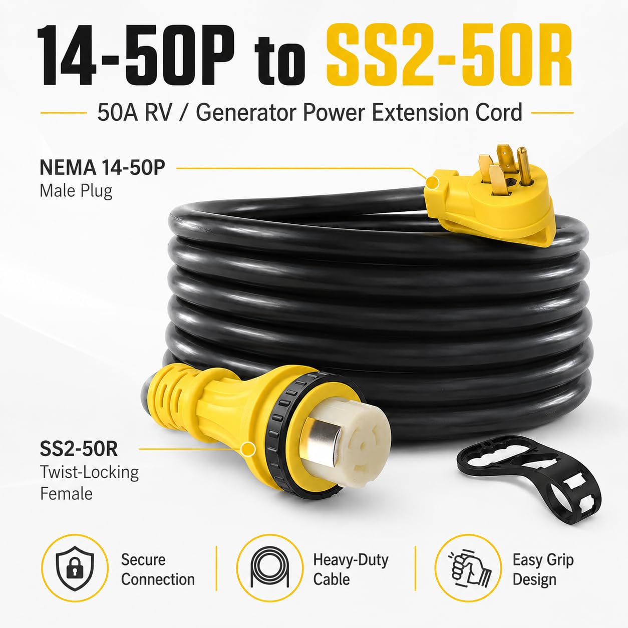 50FT 50 Amp RV Extension Cord, NEMA 14-50P to SS2-50R Twist Lock Power Cord, 6/3 + 8/1 STW Heavy Duty Outdoor Cord for RV, Trailer, Camper, Generator Connection, 125/250V