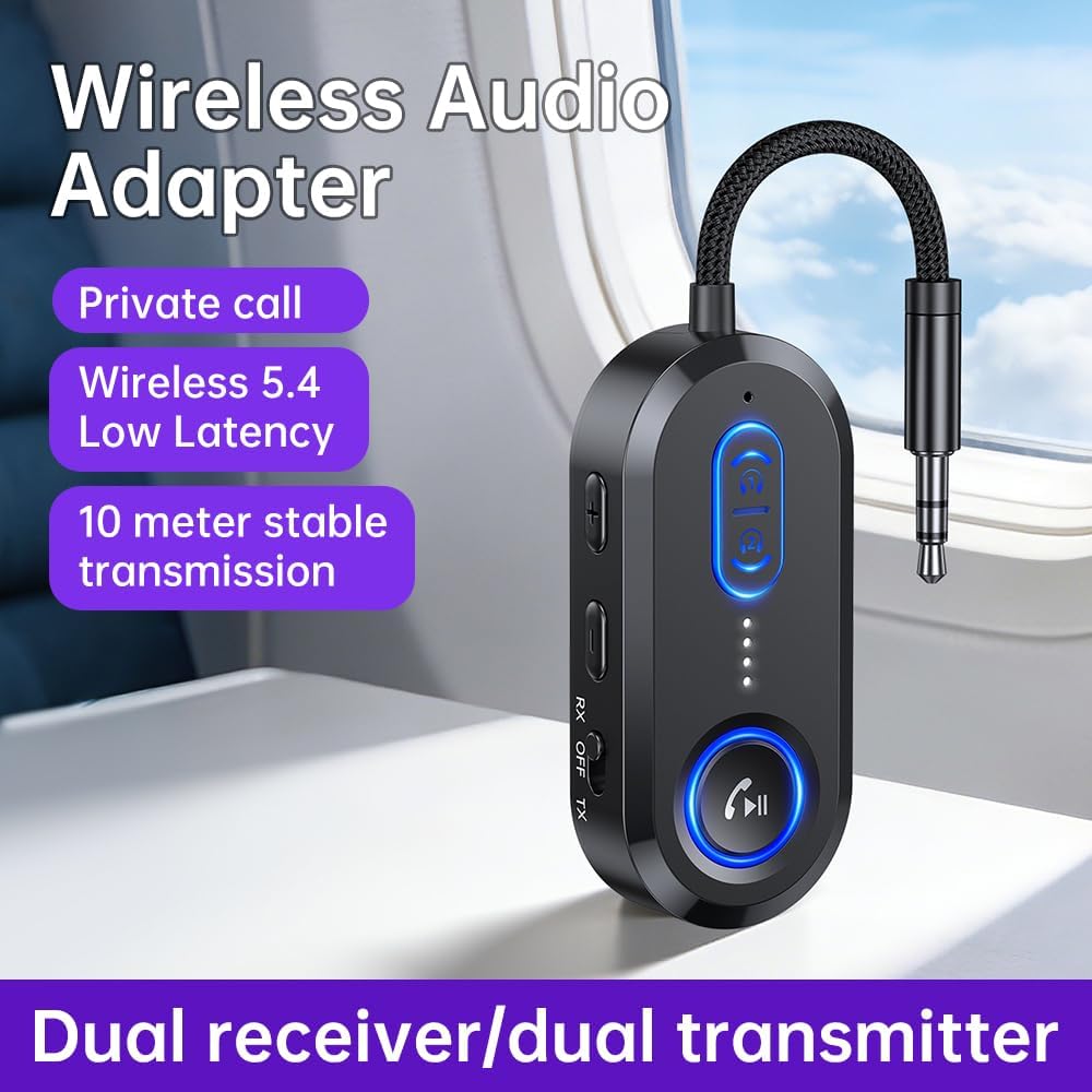FMIIFMS 5.4 2 2-in-1 3.5mm Bluetooth Transmitter Receiver for AirPods/Headphones, Bluetooth Audio Adapter for TV