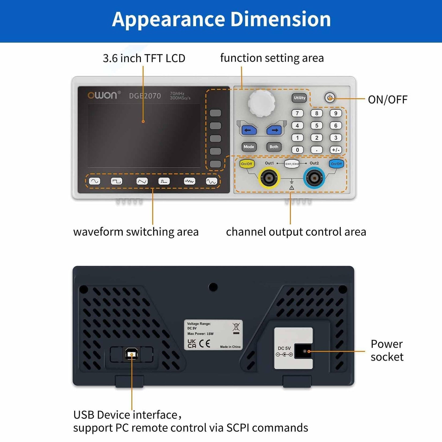 OWON DGE2070 70MHz Dual Channel Arbitrary Waveform Generator, 300MSa/s Sampling Rate, 14-Bit Resolution, 150 Built-in Waveforms, 3.6” LCD, Portable Signal Generator for Lab & Electronics Testing