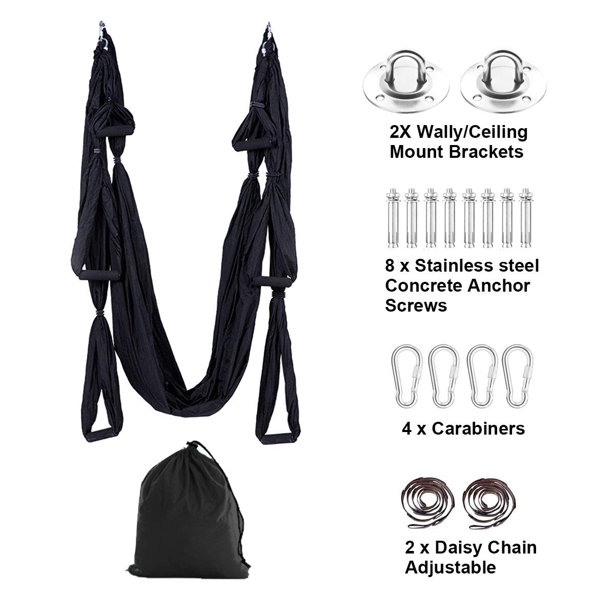 Aerial Yoga Swing Set Trapeze Hammock Kit Ultra Strong Antigravity Flying Sling Inversion Swing Tool Set for Air Yoga Inversion Fitness (Black)