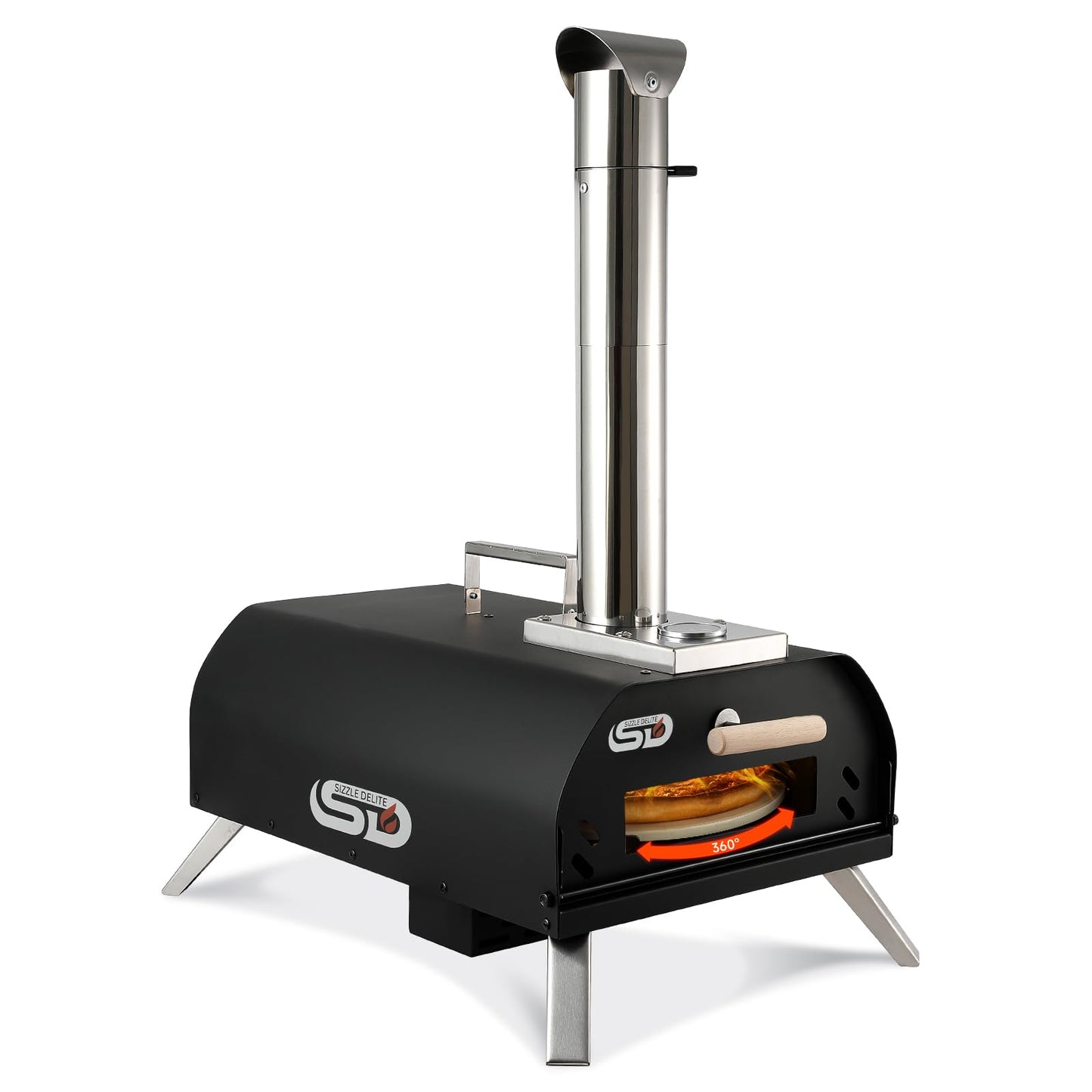 SizzleDelite Outdoor Pizza Oven Wood Pellet 12" Round Pizza Stone, Portable Wood Fired with Built-in Thermometer Pizza Stove, Stainless Steel Pizza Maker for Outside, Backyard, Camping - Black