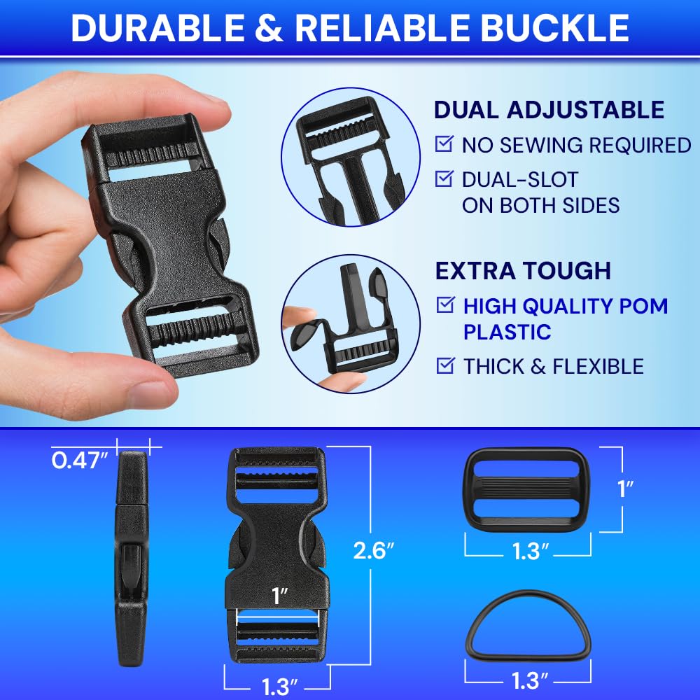 TECEUM Buckles & Strap Kit – 1" Black Nylon Webbing 6 (yd) – 6 Heavy Duty Adjustable Plastic Buckles – 12 Tri-Glide Slide Clips – 6 Metal D-Ring – Ideal Straps for Arts Crafts Outdoors Indoors DIY