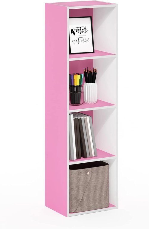 Furinno PASIR 4-Tier Modern Bookshelf - Easy Assembly Open Shelves Bookcase | Pink/White, 9 x 12 x 42