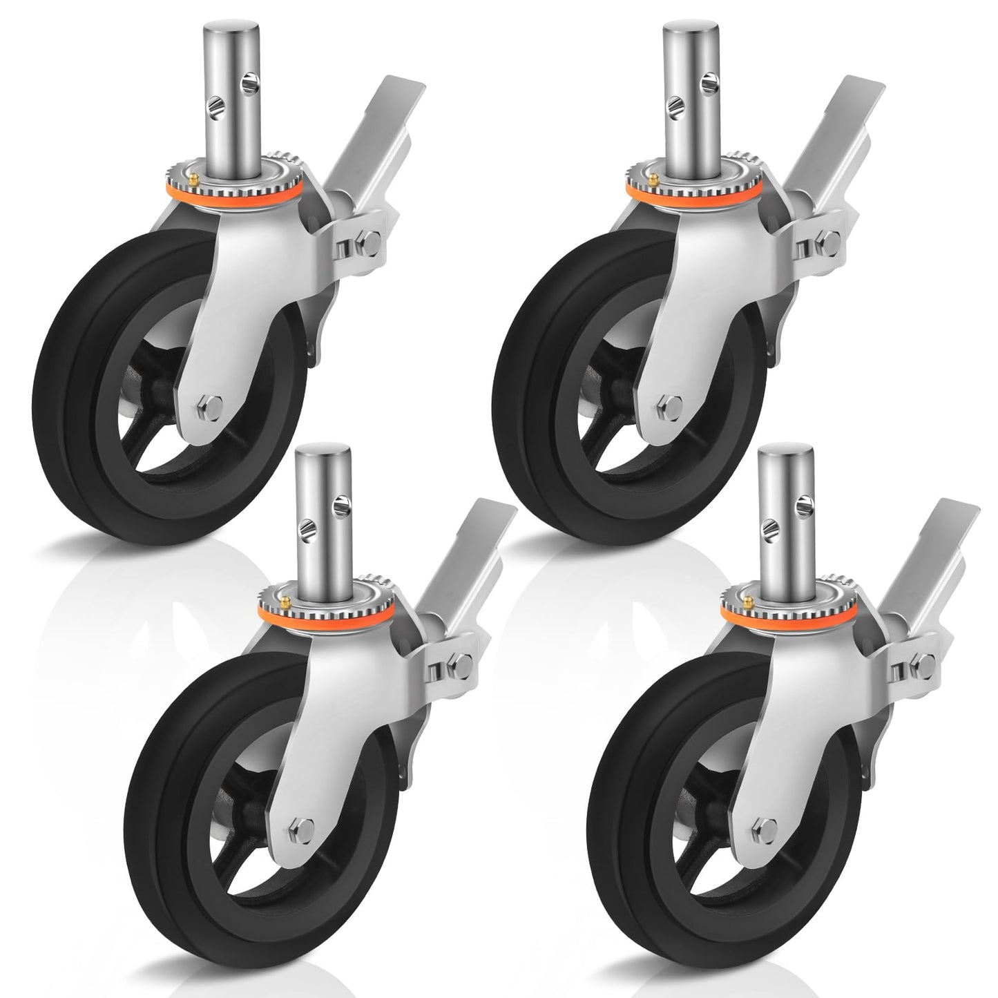 Besitu 8 inches Scaffolding Wheels 1-3/8" Solid Round Stem Caster with Dual Locking Brakes 1100LBS Capacity Per Wheel Commercial Scaffolding Accessories