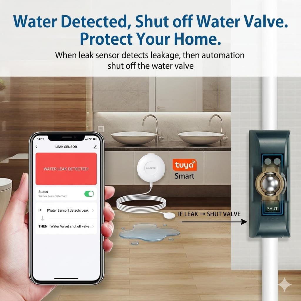 Haozee WiFi Smart Water Valve and Auto Shut-Off, Automation Scene Works with Leak Detector, Water Flow Meter, Built-in Battery, for 3/4" Diameter DN20 Pipe