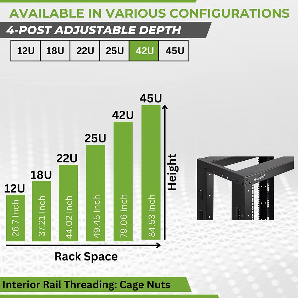 NavePoint 7ft Open Frame 19 Inch 42U 4-Post Network Server Relay Rack Rolling with Casters