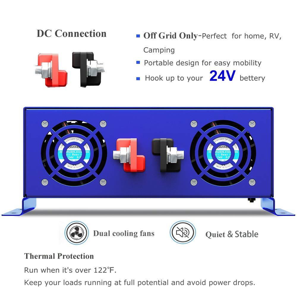 2000 Watt Pure Sine Wave Inverter 24V DC to 110v 120V AC, 2000W Car Power Invert Surge 4000W Power Converter for Solar System. (2000W 24V 120V) Blue
