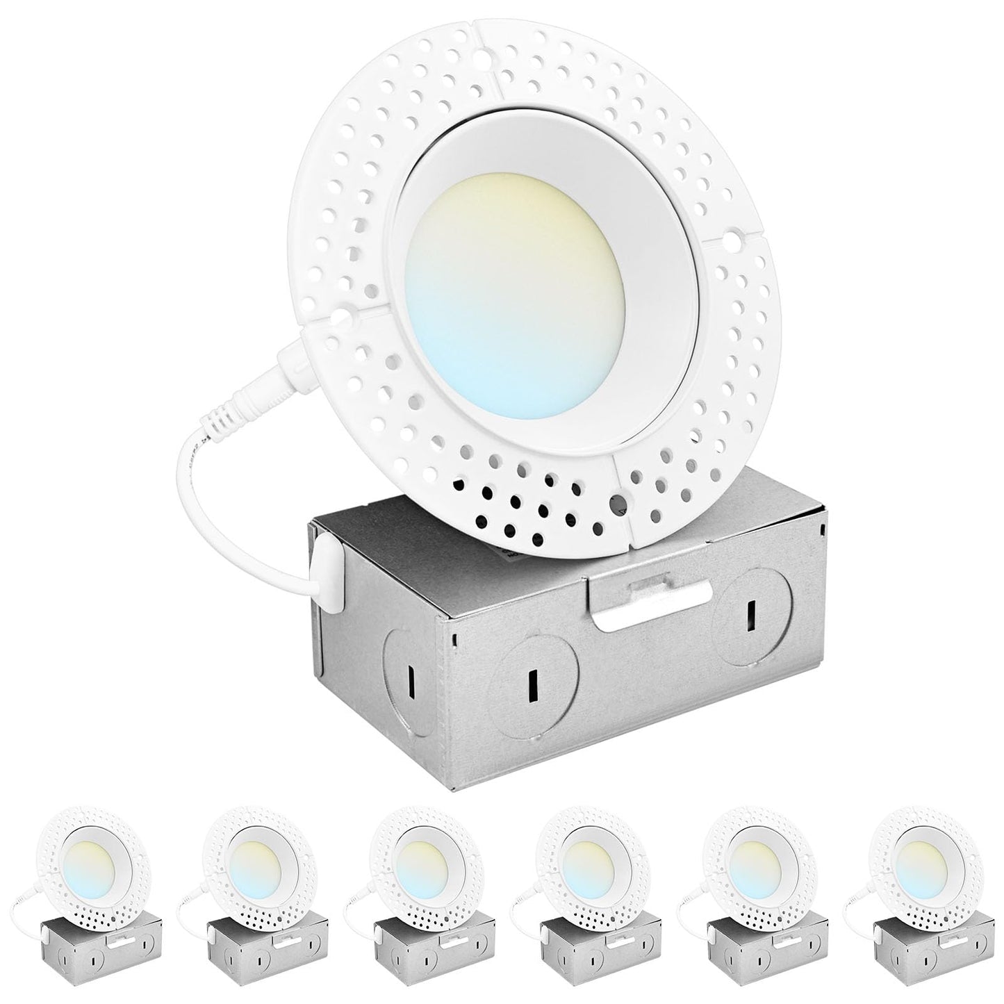 LUXRITE 3 Inch Trimless LED Recessed Light with Junction Box, 5CCT Selectable 2700K-5000K, 10W, 750LM, Dimmable, Wet & IC Rated, Canless Downlight, ETL Listed, New Construction and Remodel (6 Pack)