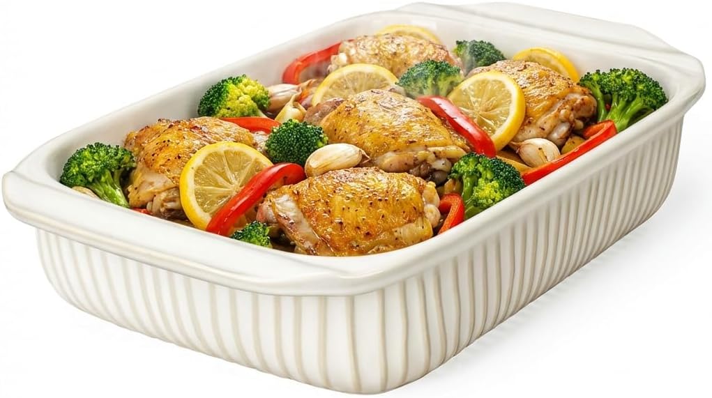 Artena Baking Dish - 5.1 Quart Casserole Dish with Handles | Deep White Ceramic Bakeware