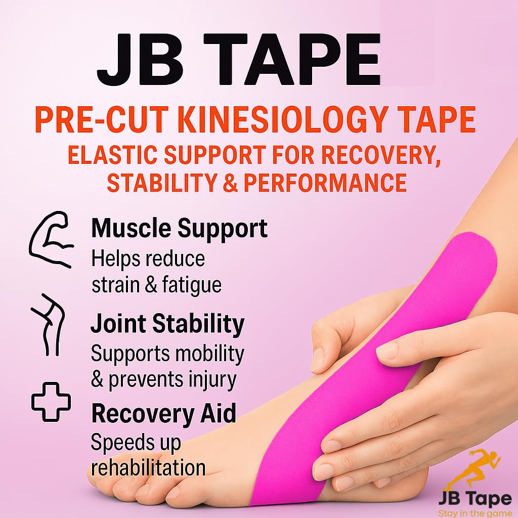 JB Tape Kinesiology Tape – 80 Precut 10-Inch Strips – Pink – Elastic, Latex-Free, Water Resistant – Athletic Muscle & Joint Support – 4 Rolls