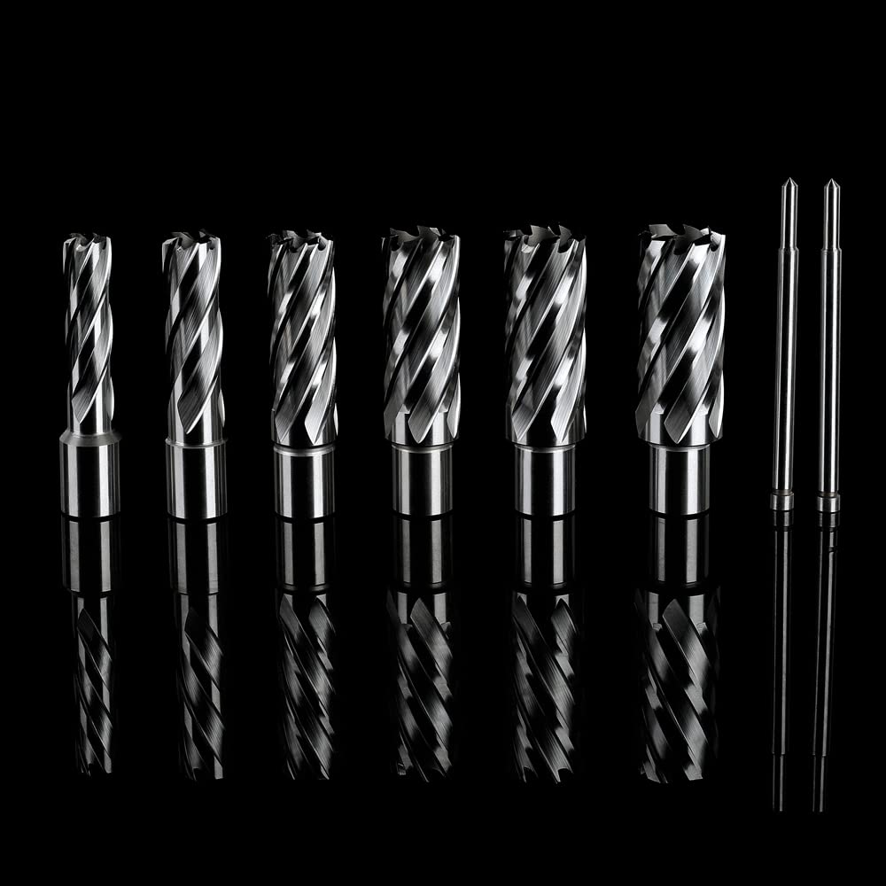 OSCARBIDE Annular Cutter Set 8 Pieces, 3/4" Weldon Shank,2" Cutting Depth,(9/16,11/16,13/16,15/16,1,1-1/16) inch Cutting Diameter,Mag Drill Bits for Magnetic Drill Press with 2pcs Pilot Pins