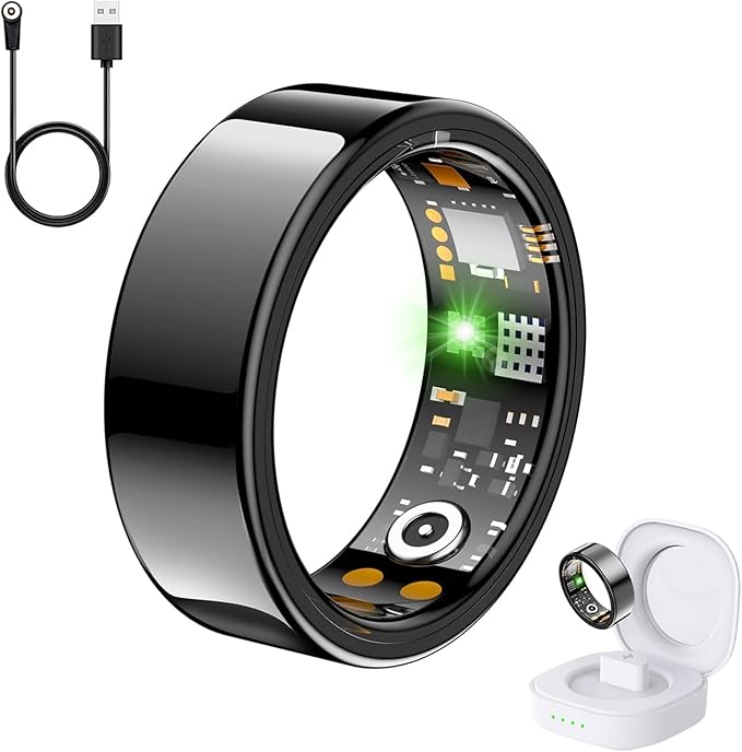 Health Tracker Ring, Smart Health Ring for Women Men with Heart Rate, Blood Oxygen, Sleep Monitor, Steps,Calories, No Subscription Fee, IP68 Waterproof Smart Ring for iPhone & Android (Black, 9#)