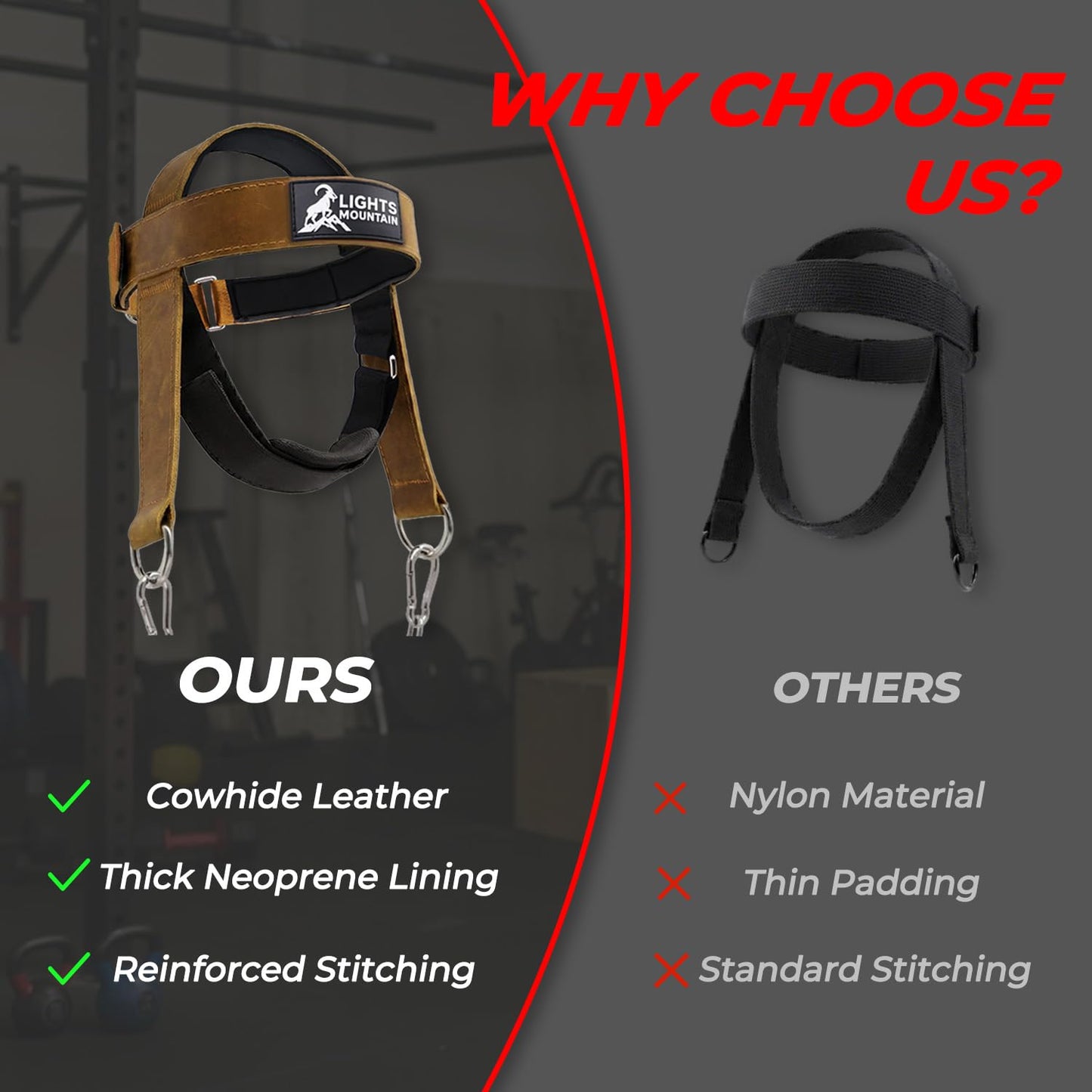 Lights Mountain Leather Neck Harness for Neck Strength Training, Adjustable Head Harness with Steel Chain & Carabiners, Padded Genuine Leather Head Strap for Gym & Home Workouts
