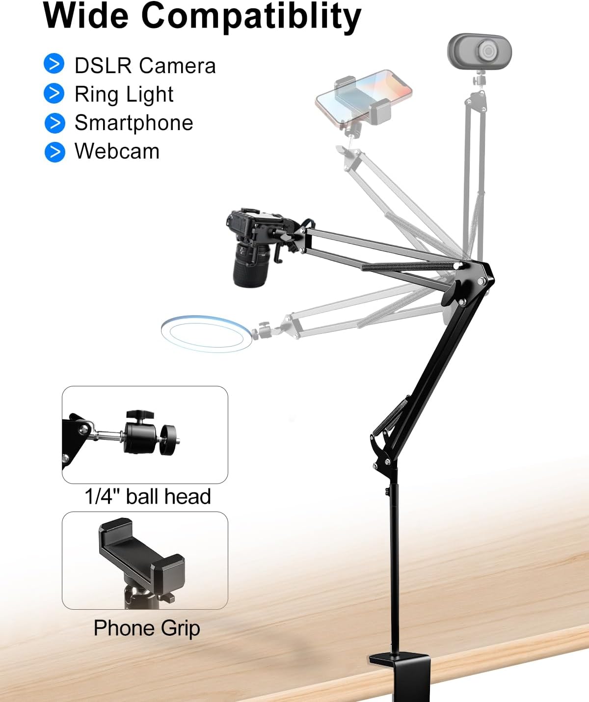 DYVBXS Overhead Phone Mount with Adjustable Arm and Desk Clamp, Camera Desk Mount Fit for DSLR iPhone Webcam Ring