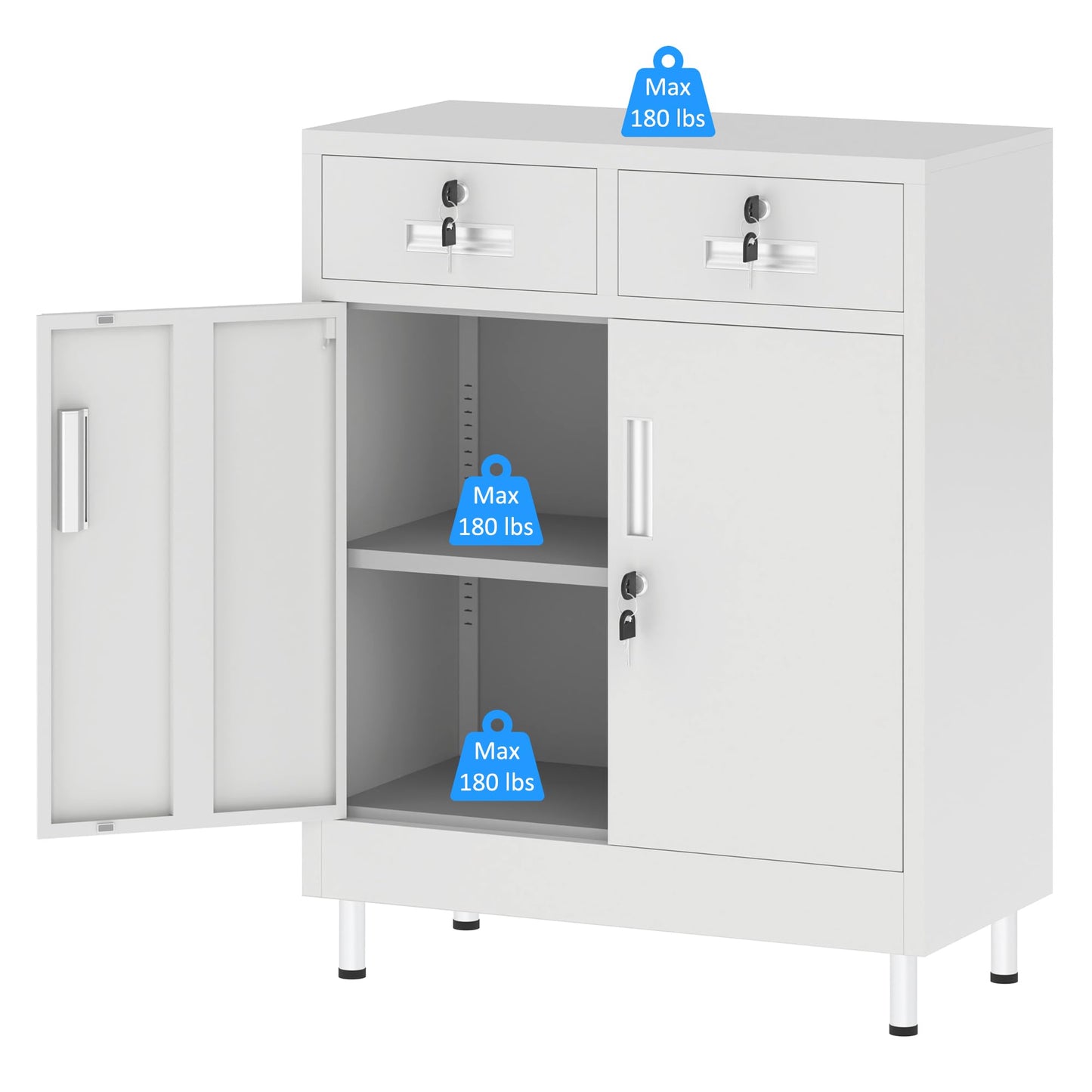 JINGUR Metal Storage Cabinet with Locking Doors and 2 Drawers, Lockable Storage Cabinet with Adjustable Shelf for Home Office Garage Entryway Pantry (White)