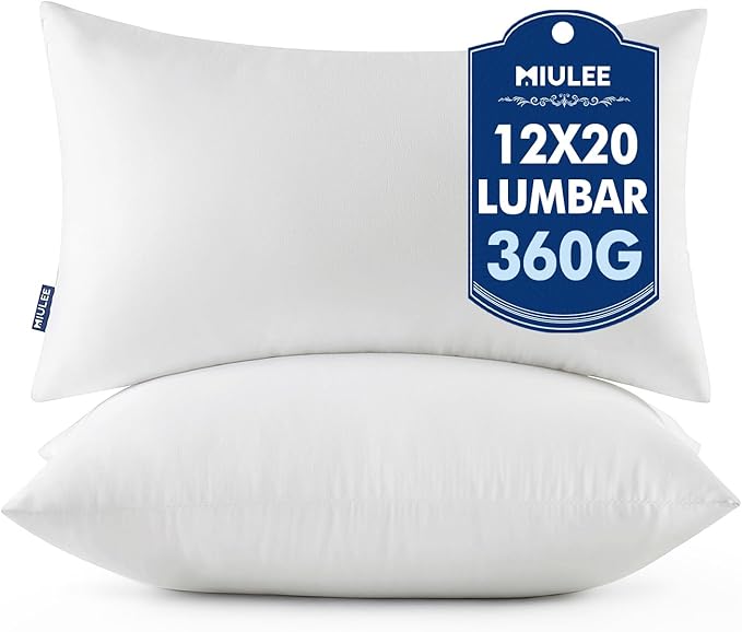 MIULEE Throw Pillows Inserts, Pack of 2 12x20 Inch 100% Virgin Fiber Filling Bed Couch Pillows