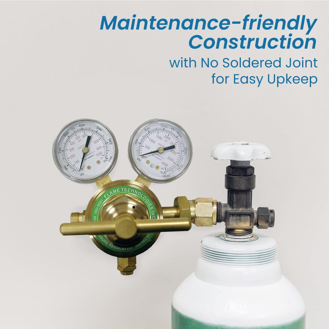 Flame Tech High-Pressure Piston Regulator for Inert Gases, Regulator for Nitrogen and Argon Gas, Forged Brass Body and Bonnet, Easy to Read Dual Scale, Precise Stabilized Control