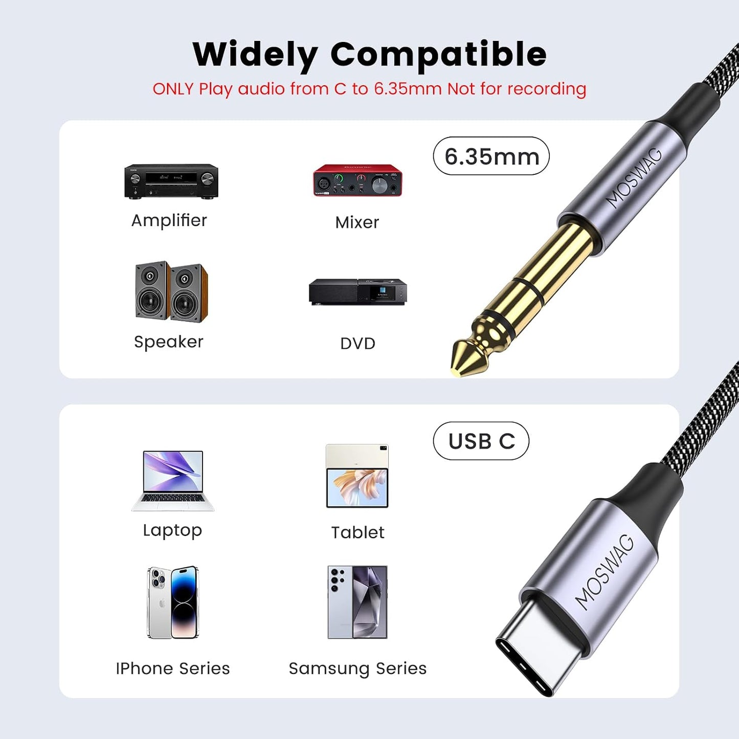 1/4 6.35mm 1/4 Theater(6.6ft/2m) MOSWAG USB C to TRS Audio Stereo Cable, USB Type C to Adapter Cable with Speaker
