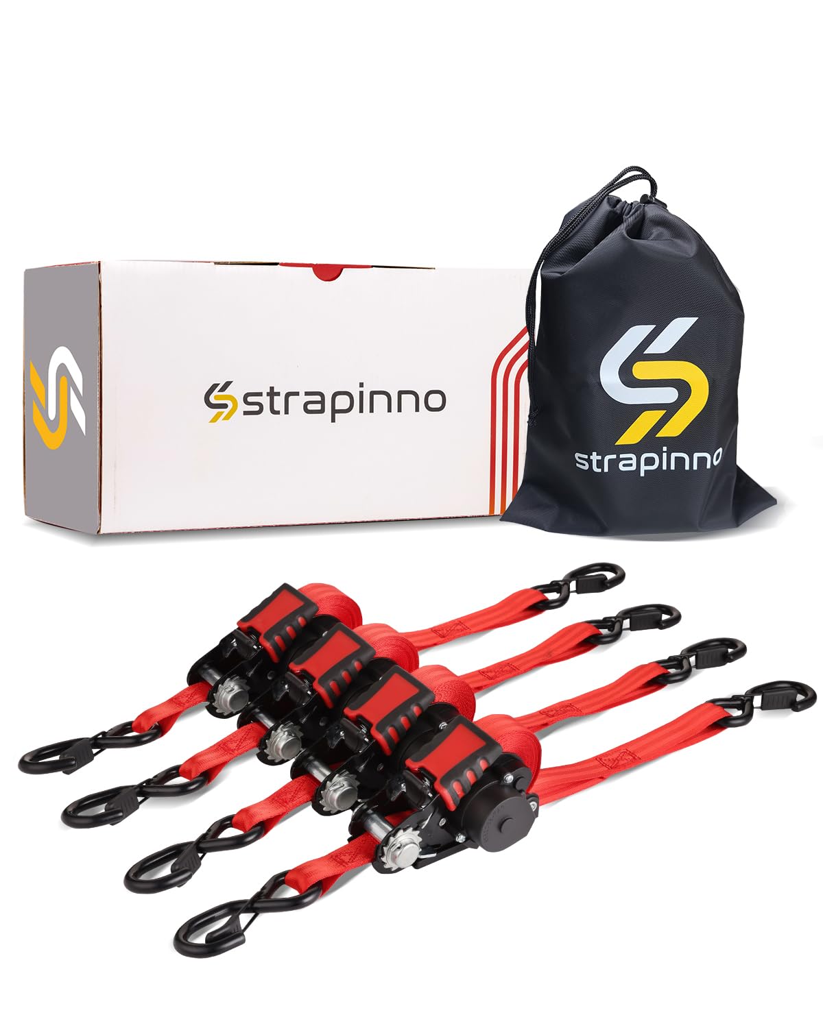 Strapinno Retractable Ratchet Straps - 1 in x 12 ft Heavy Duty Tie Downs, 1800lbs Breaking Strength Each, S Hooks with Safety Clip, AutoRetract, for Moving, Motorcycle, Boat, Kayak, and Cargo (4 PCS)
