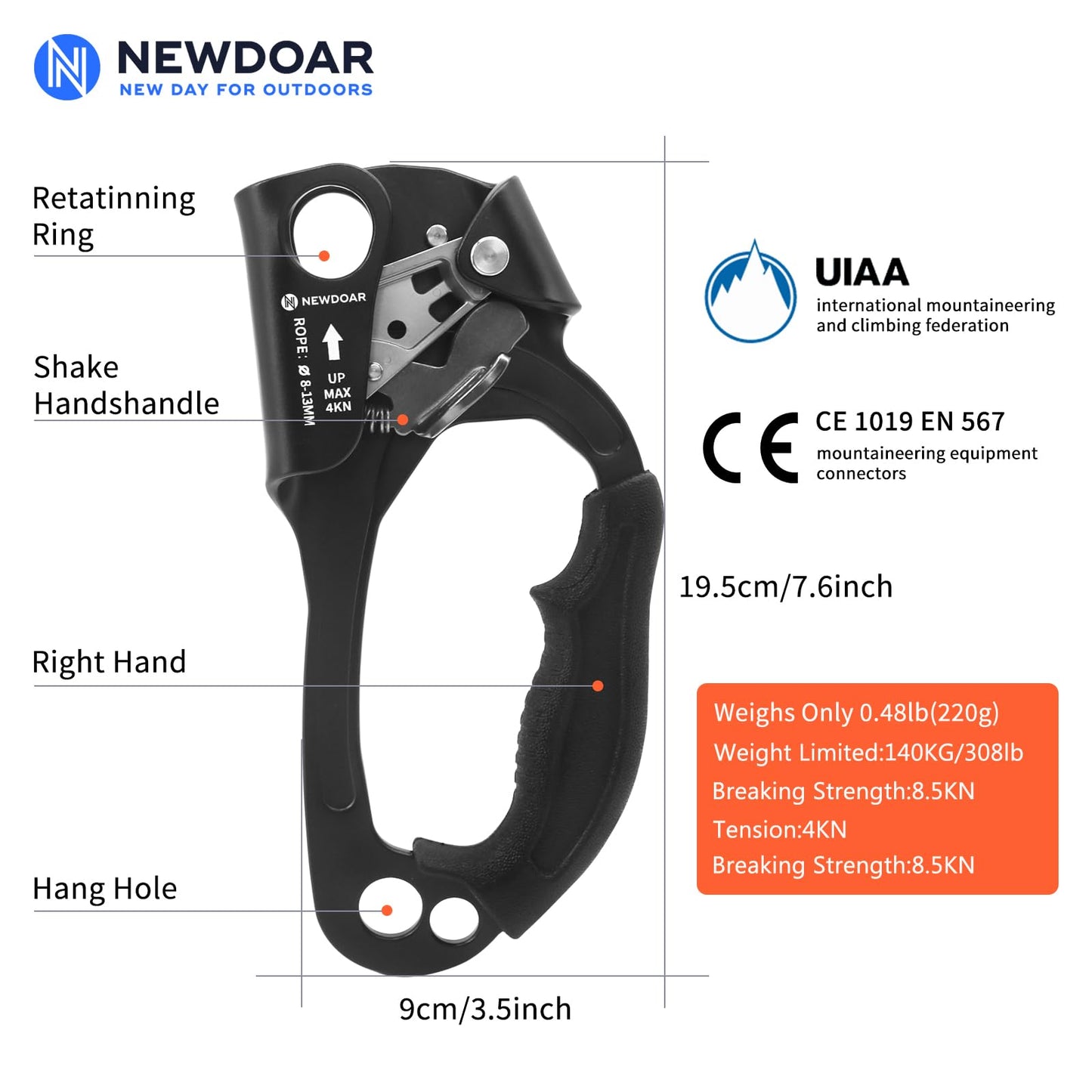 NewDoar Right Hand Ascender Rock Climbing Tree Arborist Rappelling Gear Equipment CE Certified Rope Clamp for 8~13MM Rope(Black Pro-Right)
