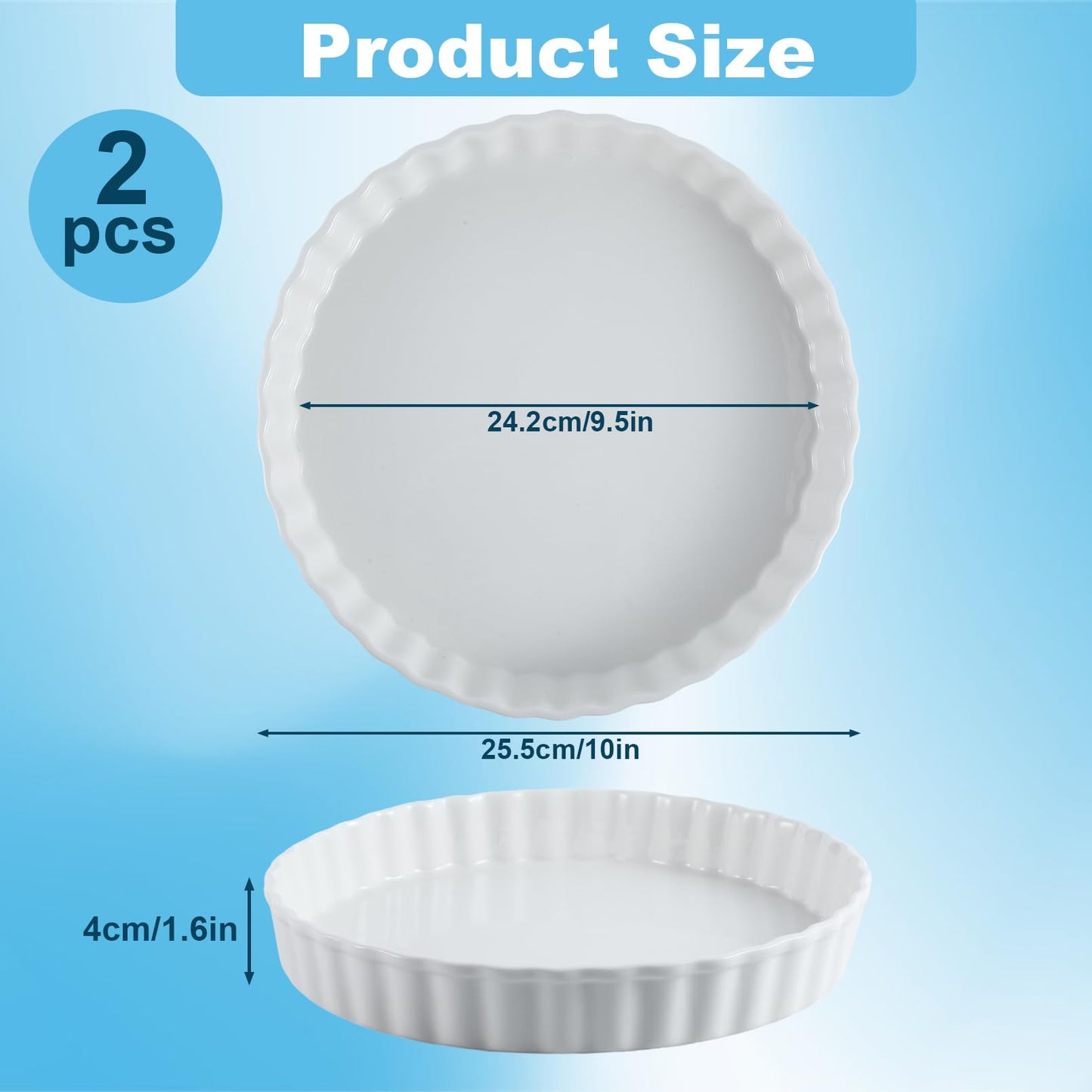 Enjamyo 10 Inches Ceramic Quiche Pans, 2 Pcs Round Pie Baking Dish, Non-Stick Round Pie Dish Quiche Pan, Fluted Edge Pie Pans for Baking Tart Pies, Apple, Quiche(White)