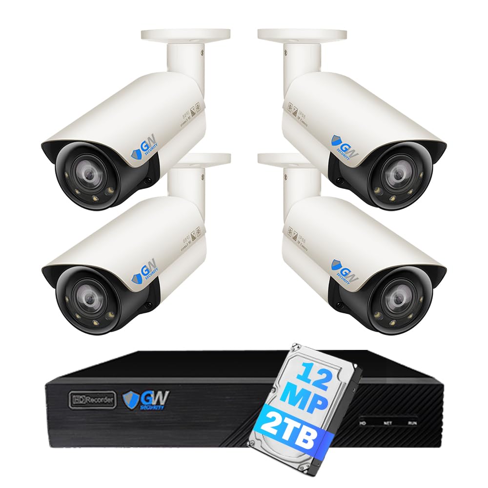 GW Security 8 Channel UltraHD 12MP 3X Motorized Zoom PoE Commercial Security Camera System with 4 x 12MP Full Color Night Face Recognition Outdoor Indoor Smart AI Bullet Camera, 160ft IR Long Distance