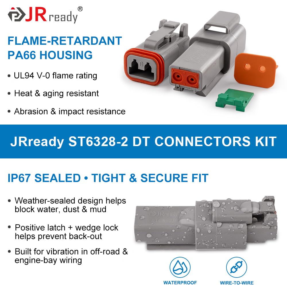 JRready Deutsch Connector 2 Pin Connector Kits with Size 16 Solid Contacts(14-20AWG), ST6328-2 DT Series Waterproof Connector 2 Pin 5 Sets and Deutsch Pin Removal Tool DRK-RT1B with Mounting Clips